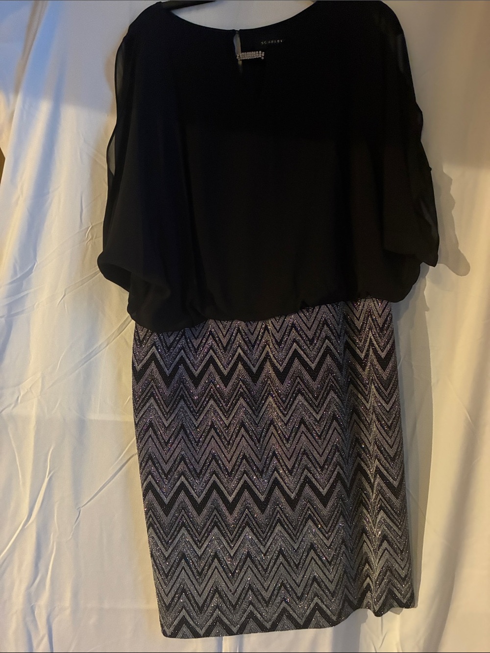 Scarlett Black Top  Metallic Chevron Pencil Skirt side split see thru sleeves